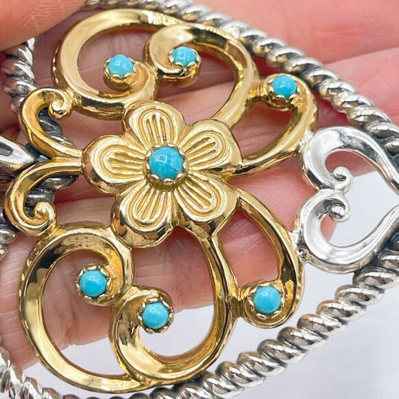 Carolyn Pollack 925 Sterling Silver & Brass Heart Pendant Turquoise Accents Larg - Picture 3 of 9
